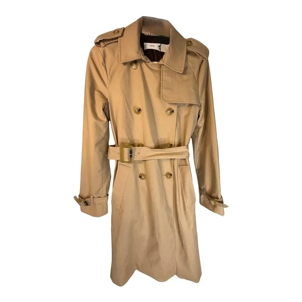 Mango Double-Breasted Belted Classic Trench Coat in Khaki Tan - Picture 1 of 5